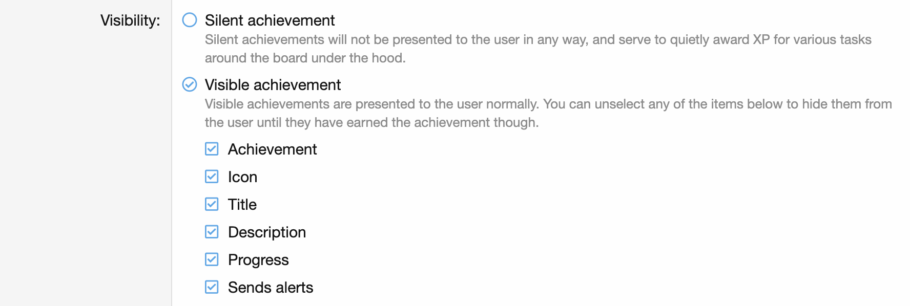 Preview of options that can be set within each achievement on gaming.audent.io