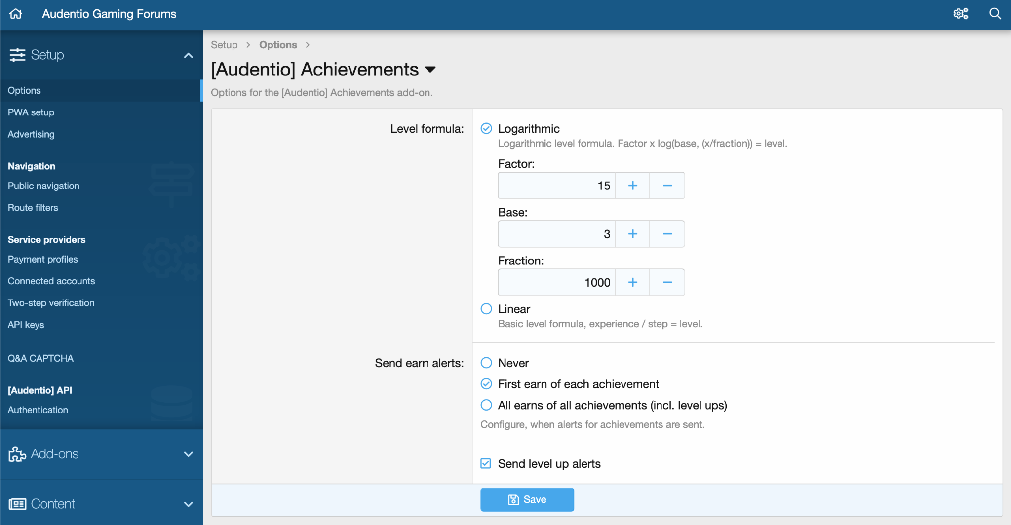 Preview of Achievements options being used on  gaming.audent.io