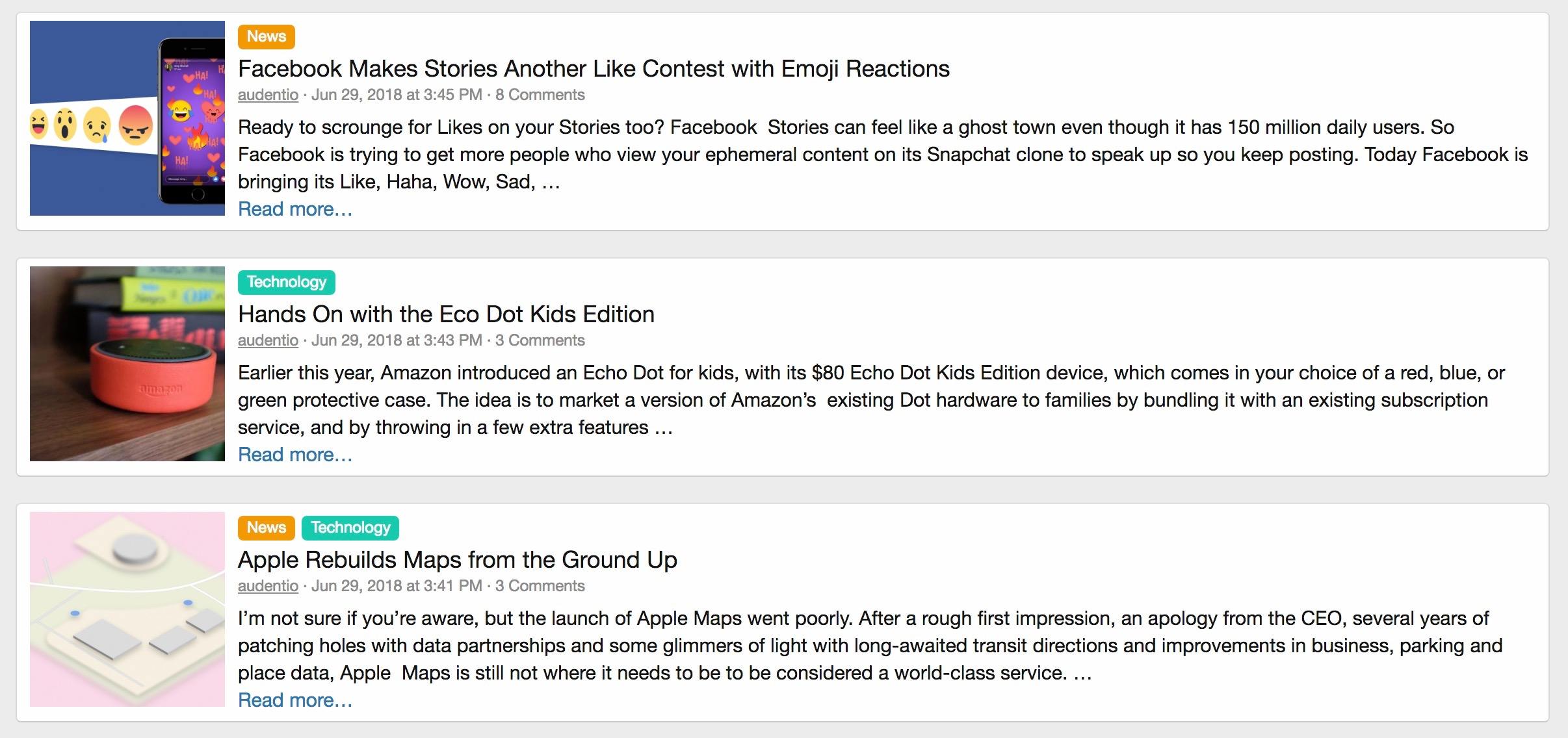 View of the list layout on the article list