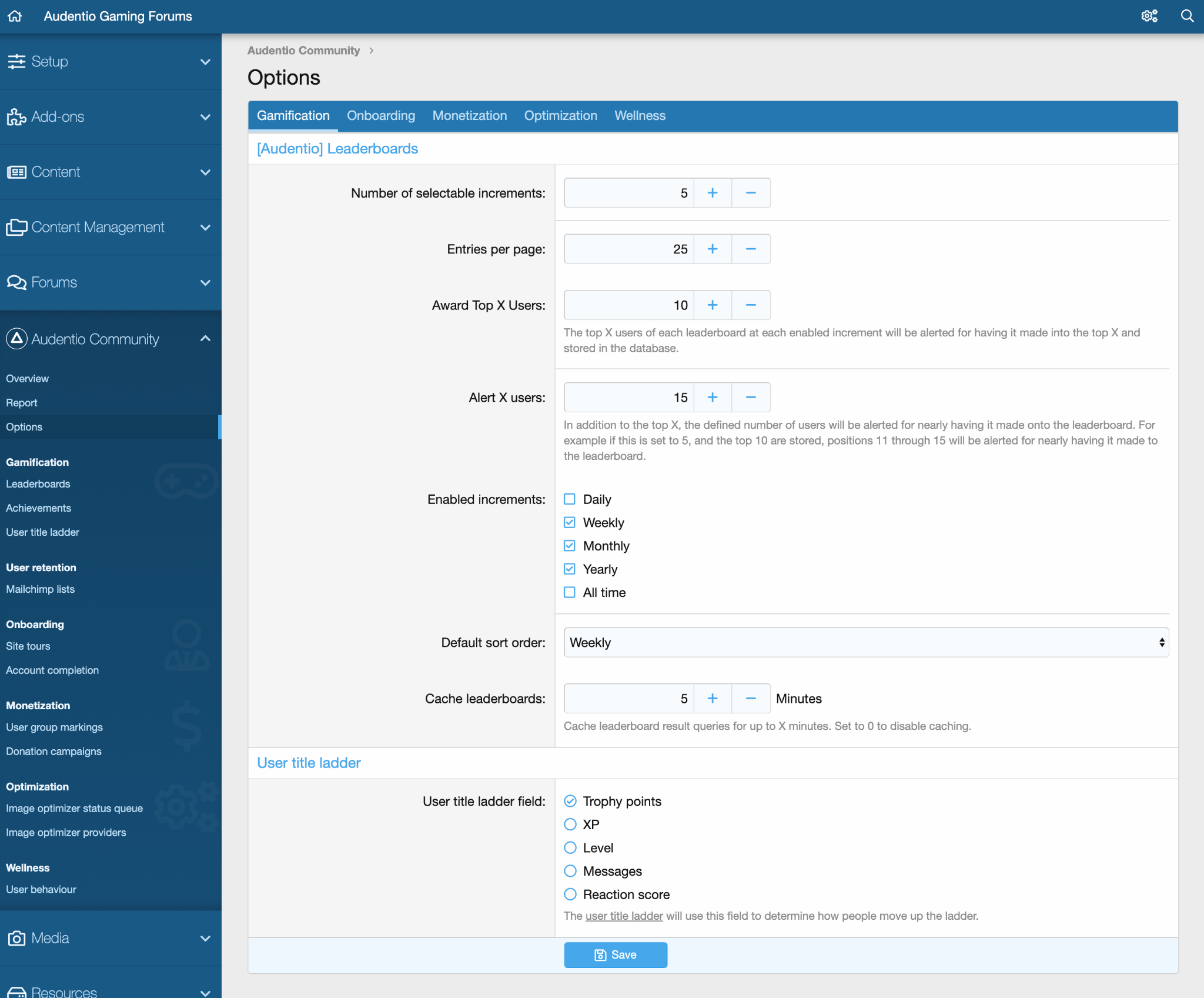 Preview of the options section within the Audentio Community add-on image