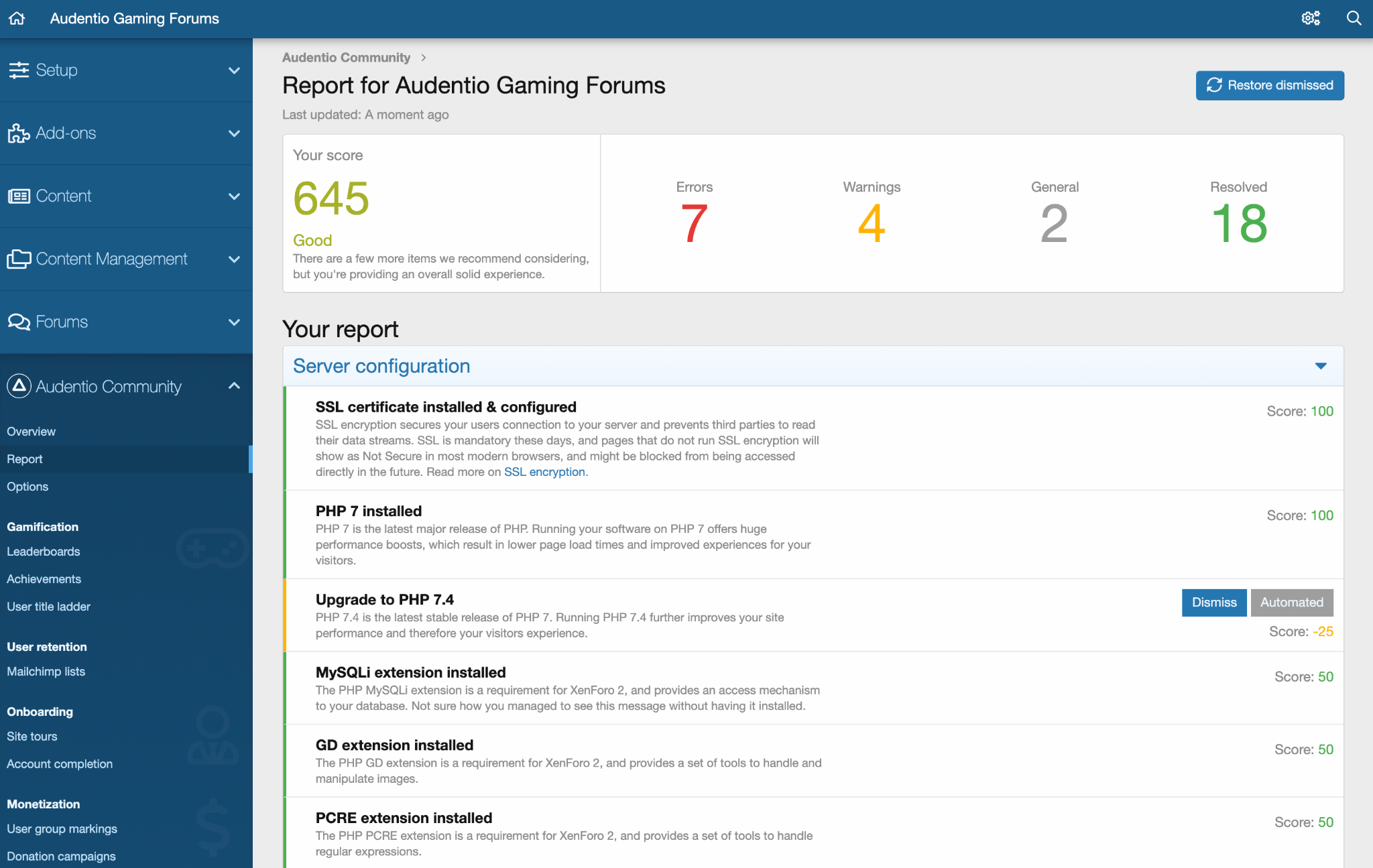 Preview of the report section within the Audentio Community add-on image