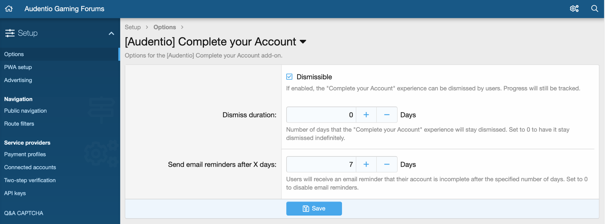 View of Complete Account options section in action