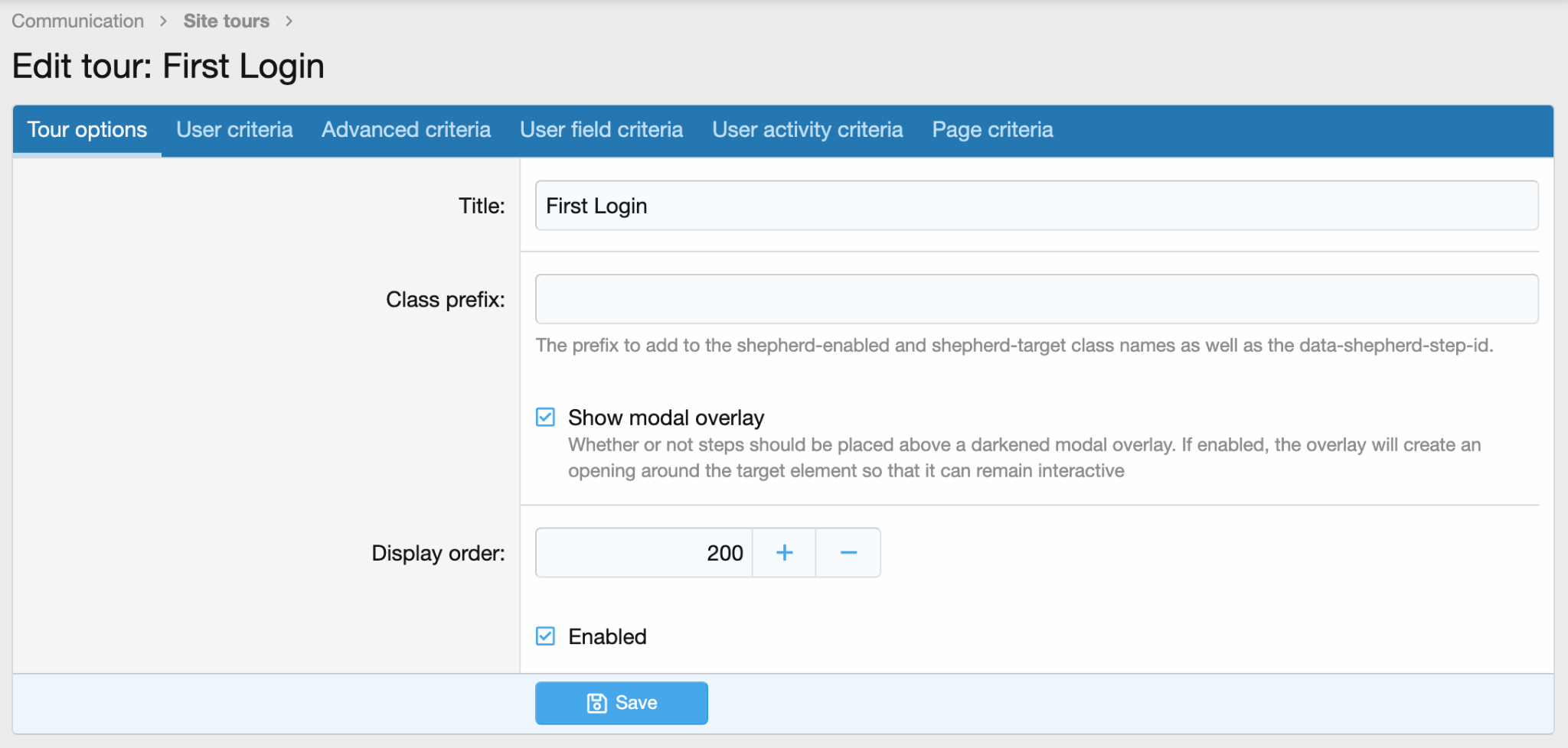 Preview of the editing a tour section on the backend