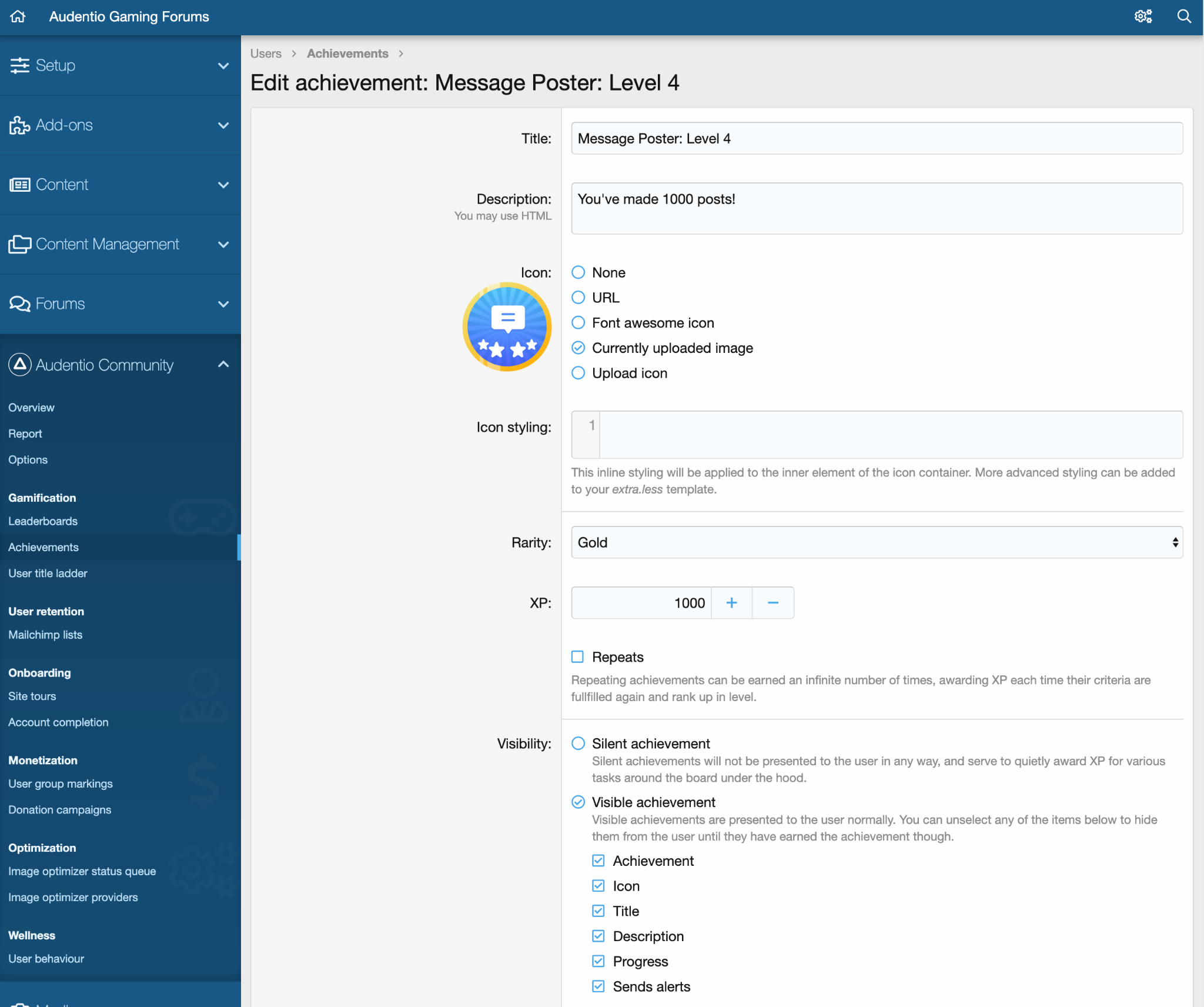 Preview of Achievements being created on gaming.audent.io