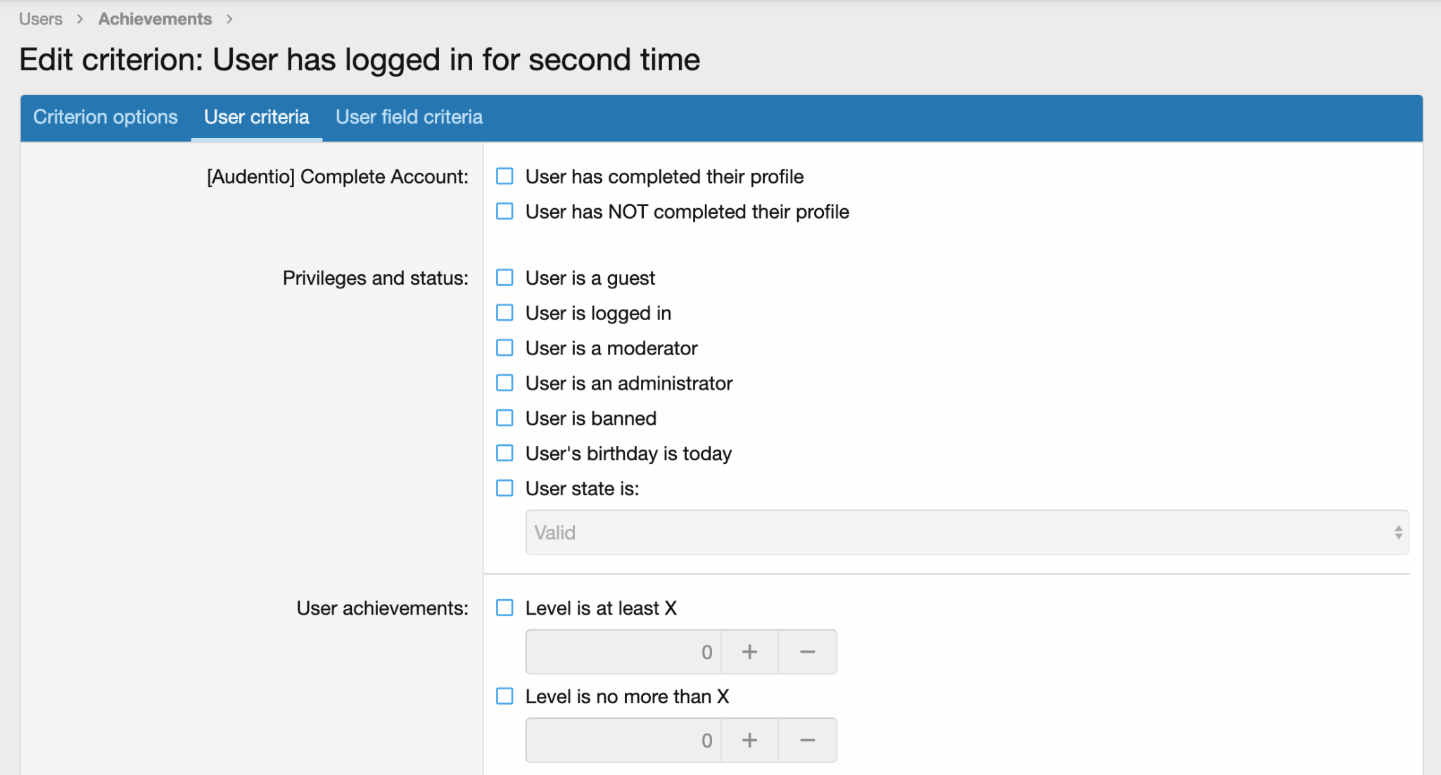 Preview of user criteria being added to an achievement on gaming.audent.io