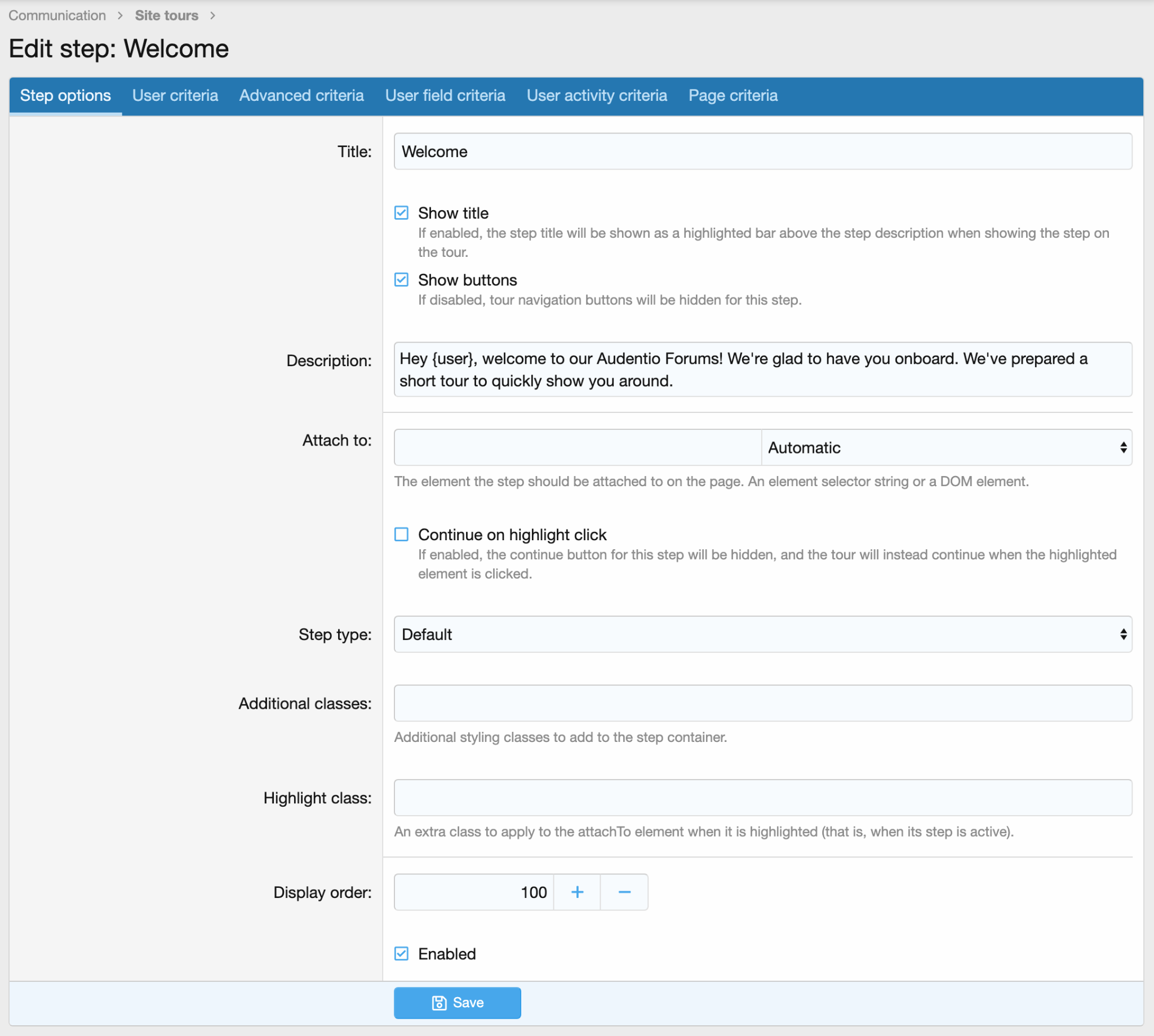 Preview of the edit tour steps options section on the backend