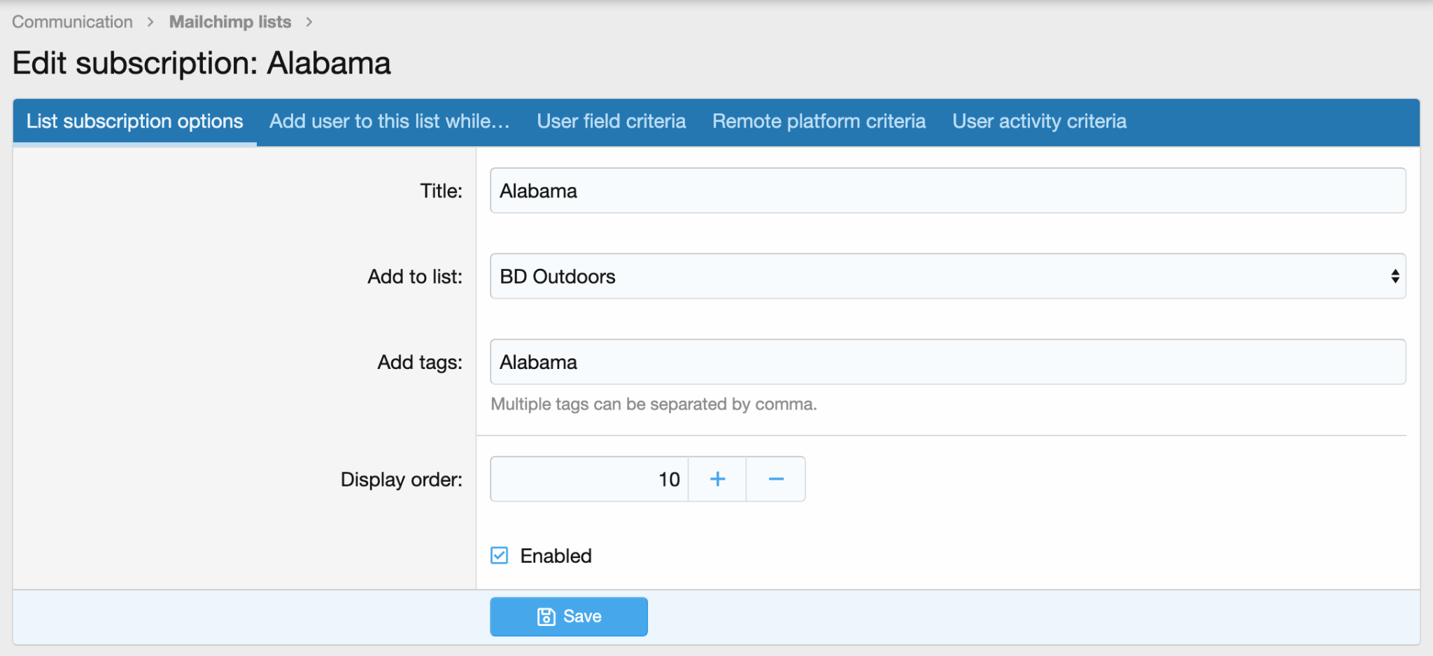 Preview of the editing a subscription within Mainchimp Integration