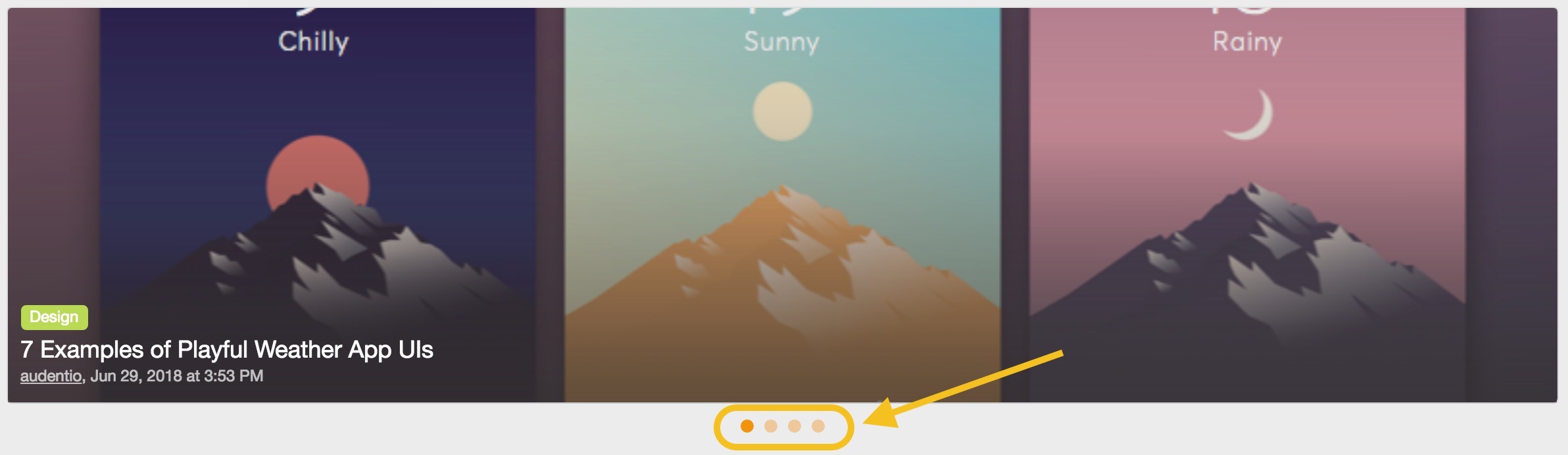 View of the navigation dots shown on the edge of the carousel component on the blog