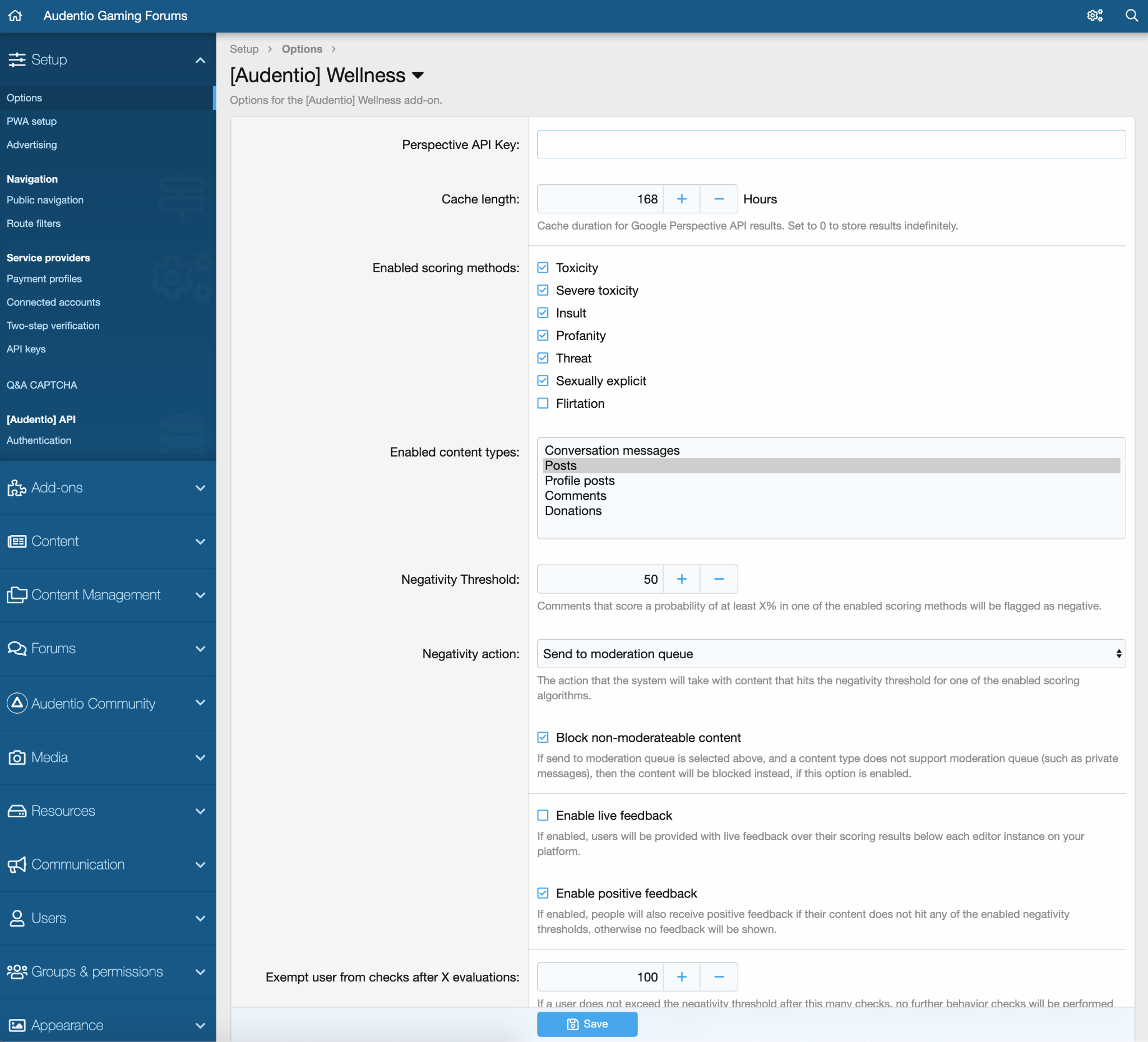 Preview of the options section of the Google Perspective Integration