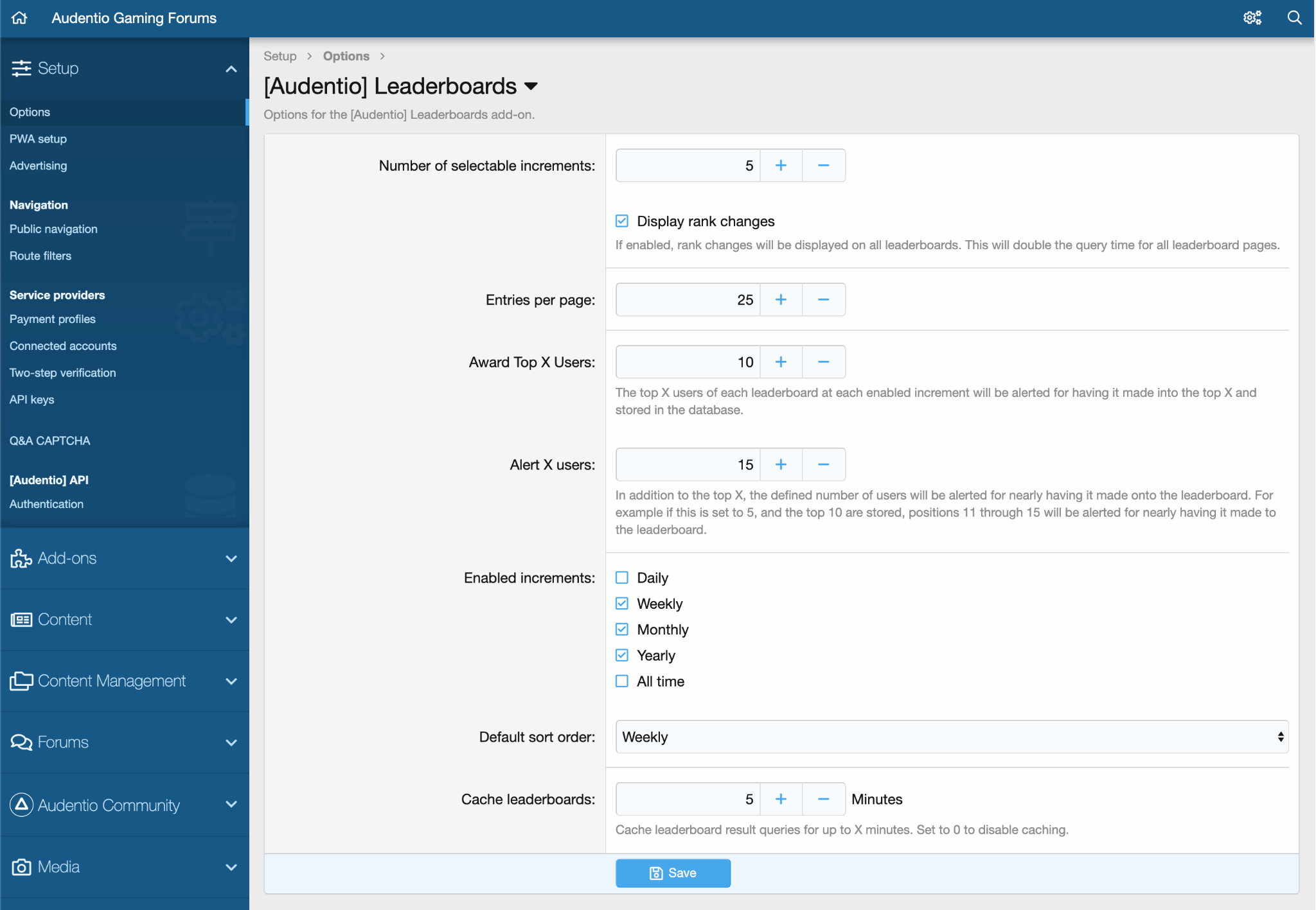 Preview of the options section for Leaderboards on gaming.audent.io