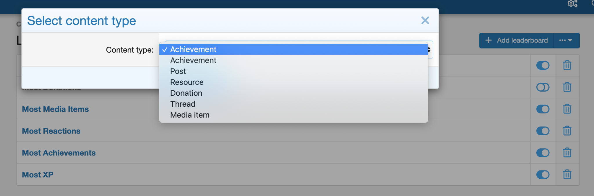 Preview of selecting a leaderboard type within Leaderboards