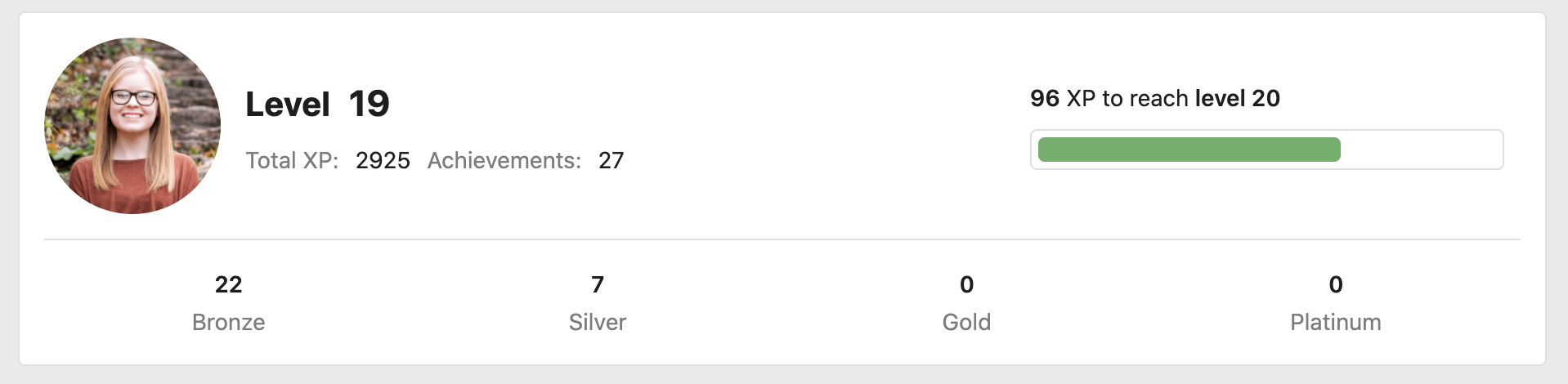 Preview of a users level, XP, and more shown on gaming.audent.io