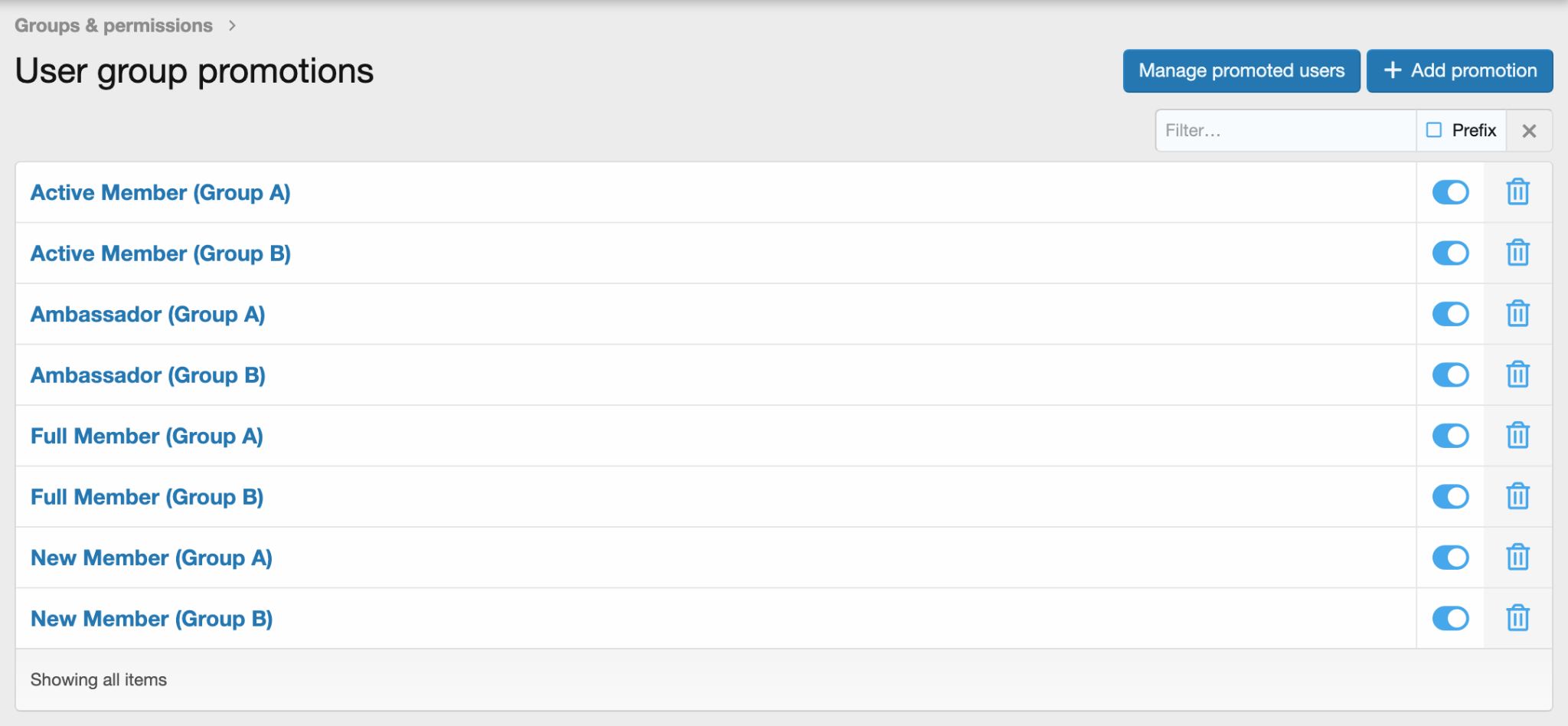 Preview of a list of user groups added on  gaming.audent.io which are using for AB Testing
