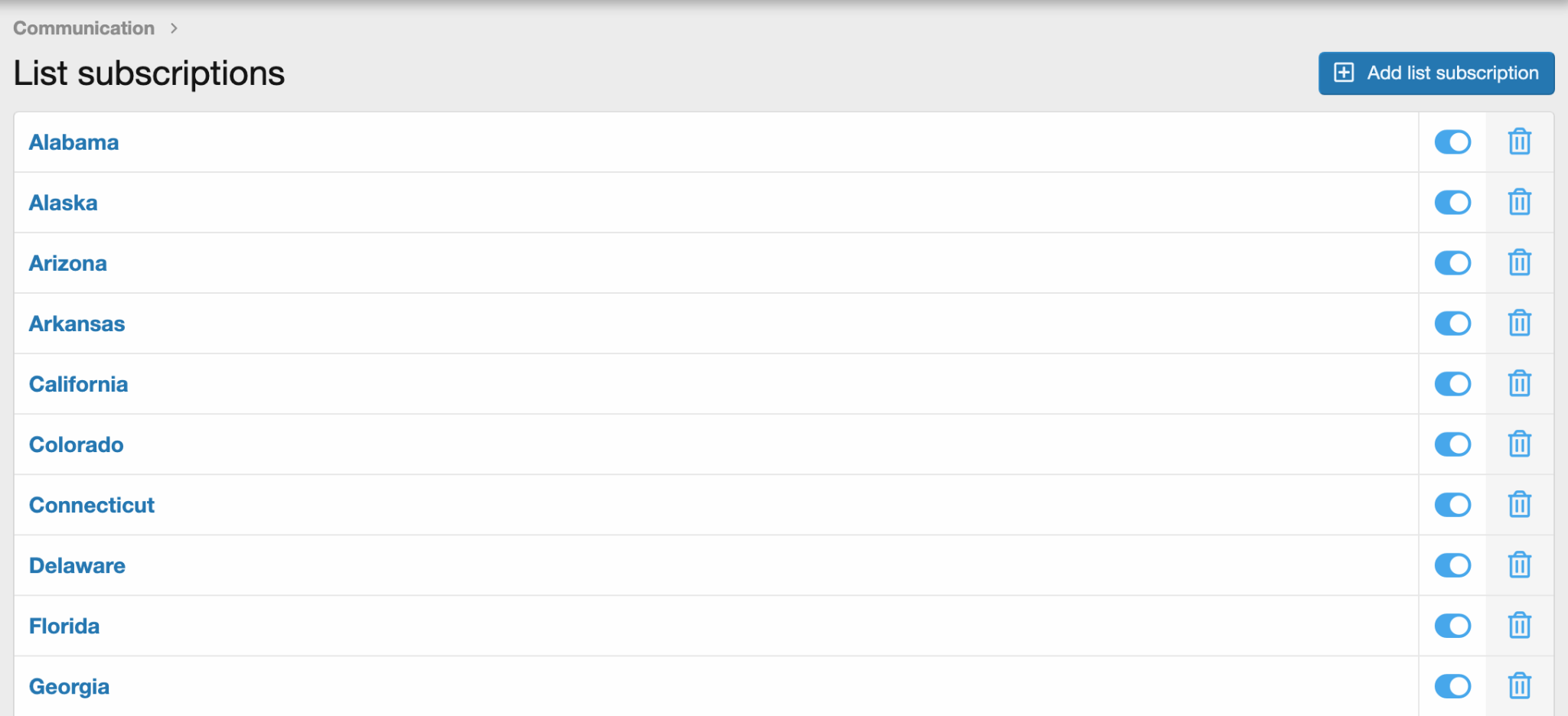 Preview of a list of active subscriptions within the Mainchimp Integration