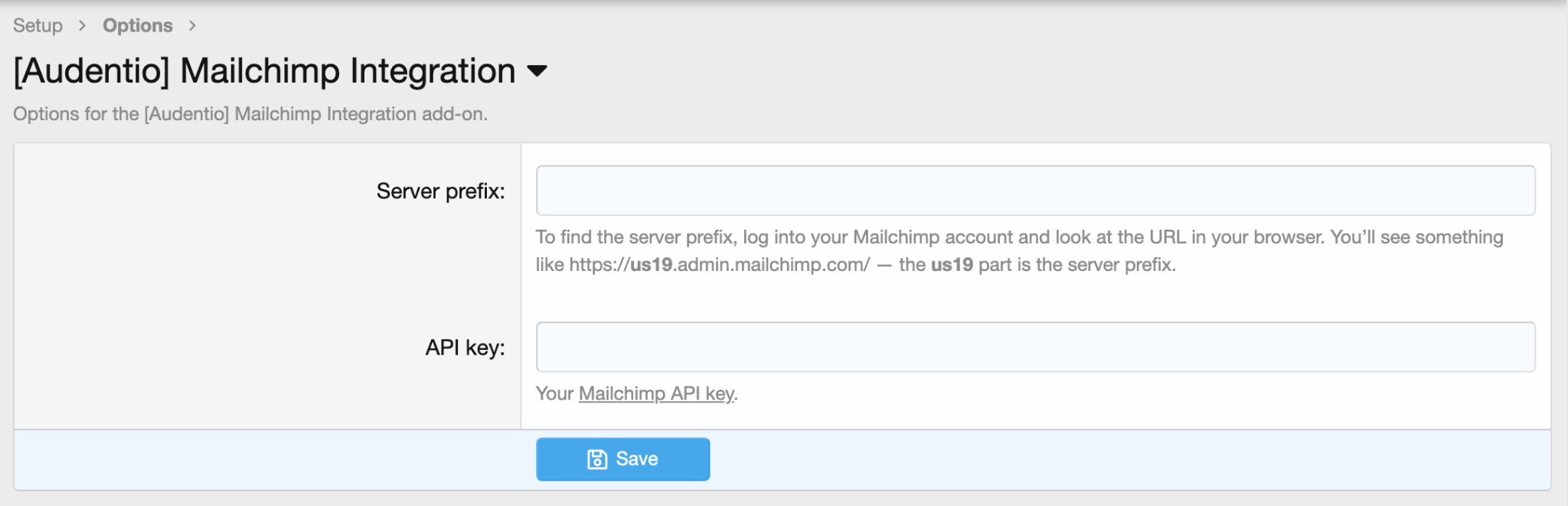 Preview of the options within the Mainchimp Integration