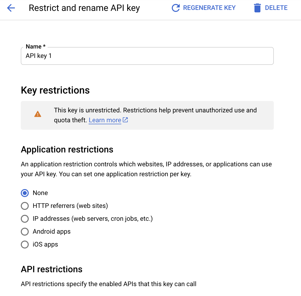 Preview of a API key being restricted